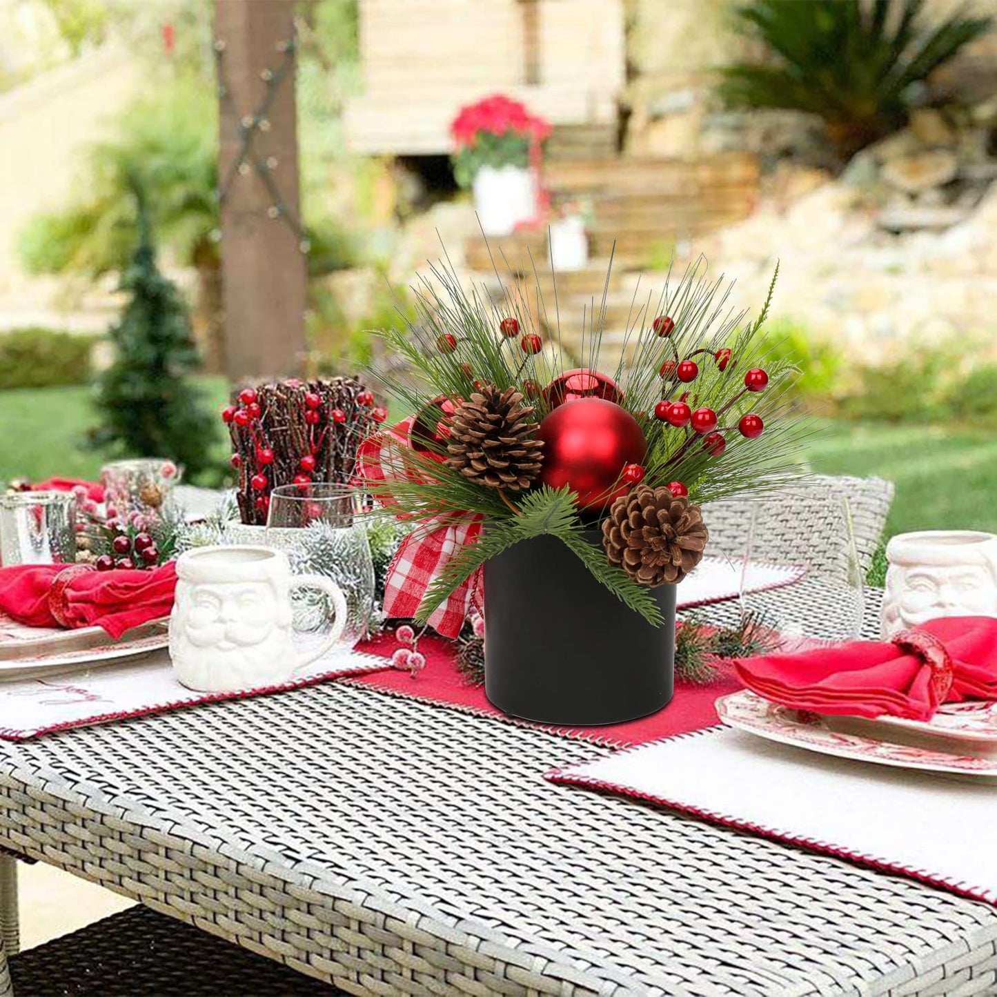 Briful 10 Inch Mini Christmas Tree Artificial Potted with Pinecones Berries and Red Xmas Ball Ribbon Christmas Arrangements Centerpieces Ornaments in 4.7'' Black Ceramic Pot for Home Indoor Table