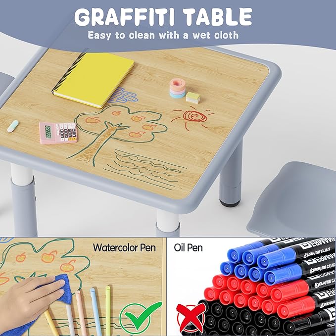 Brelley Kids Table and 2 Chairs Set, Height Adjustable Toddler Desk and Chair Set, Graffiti Desktop, Classroom/Daycare/Home, Children Multi-Activity Table for Ages 2-8