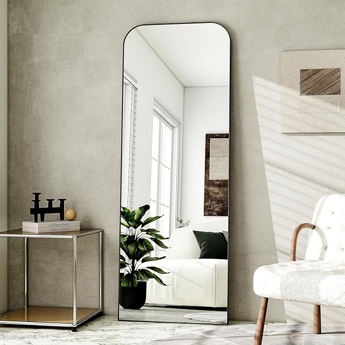 HARRITPURE 57"x20" Full Length Mirror Full Body Mirror Top Rounded Corner Aluminum Frame Hanging or Leaning Wall Floor Mirror with Stand for Living Room Bedroom Cloakroom,Black