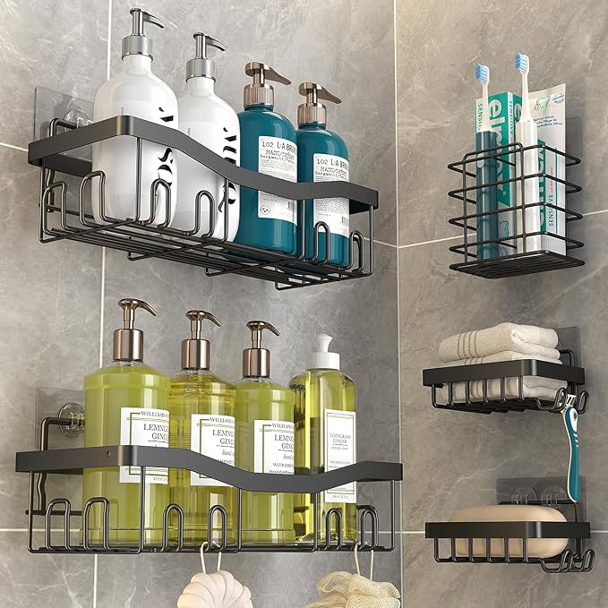 Adhesive Shower Caddy, No Drilling Bath Organizers 5 Pack, Rustproof Shelves with Soap Holder & Toothbrush Holder, Bathroom Organizers and Storage, Black