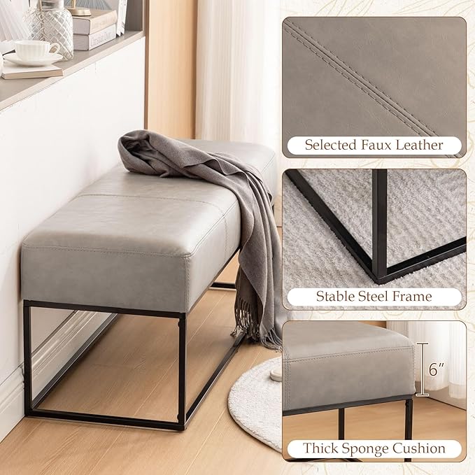 Entryway Bench for Bedroom End of Bed, Modern Ottoman with Faux Leather Upholstered Seating, Metal Frame Leather Bench for Bedroom Living Room Entryway [47'', Vintage Beige]
