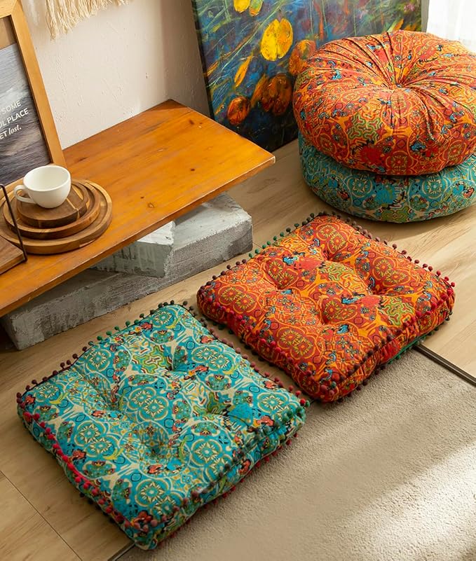vctops Boho Cotton Linen Square Chair Seat Cushions for Dining Kitchen Office Chairs Super Soft Printed Chair Pads with Pompom Fringe (Blue,16"x16")