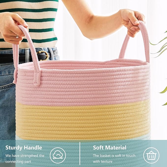 15Dx20H inches Baby Girls Kids Hamper Rainbow Laundry Basket for Nursery Clothes Pastel Unicorn Woven Hamper in Playroom Bedroom 60L Large Tall Blanket Basket for Toy Storage