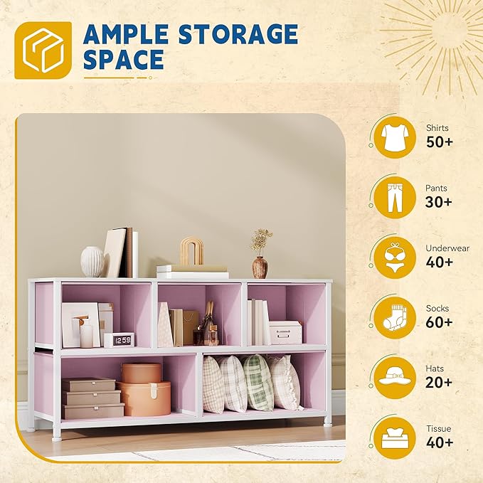 DWVO Dresser for Bedroom with 5 Drawers - Fabric Storage Tower, Long Fabric Dresser, Organizer Unit for Bedroom, Closet, Hallway