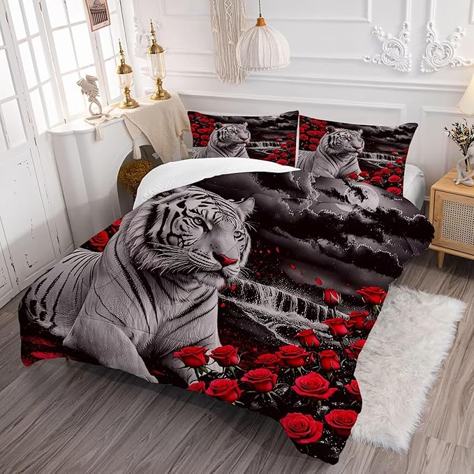 Kids Tiger Comforter Set Full Size, White Tiger Wild Animal 3 Pcs Bedding for Kids and Adults Beautiful 3D Red Rose Flower and Tiger Print Soft Comforter Set for Bedroom Bed Decor