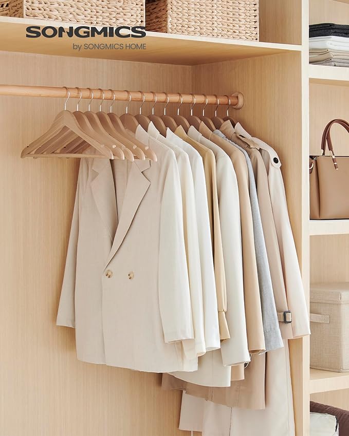 SONGMICS Wooden Hangers, Pack of 36, Coat Hangers, Non-Slip, Pants Bar, 360° Swivel Hooks, for Jackets, Shirts, Coats, Natural Beige UCRW010N36