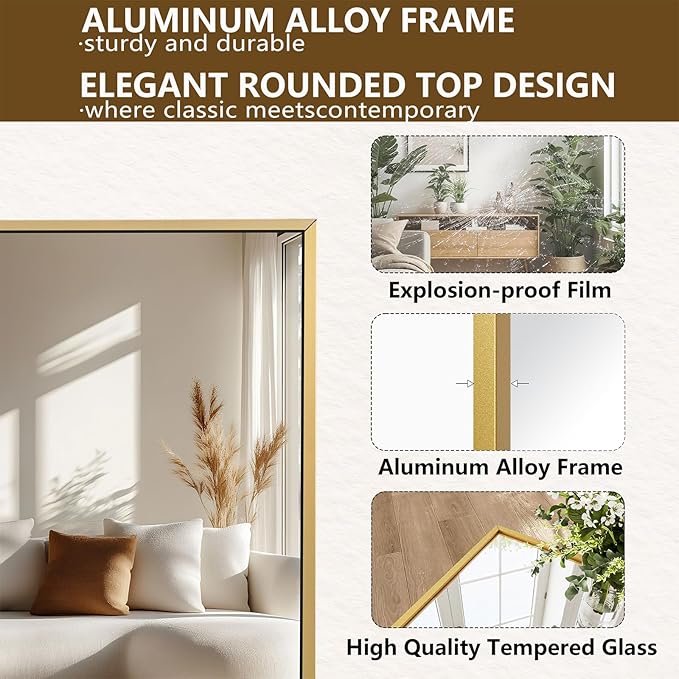 Koonmi 65"x24" Floor Mirror Full Length, Bedroom Floor Body Mirror with Stand, Large Gold Mirror, Leaning, Standing or Hanging Horizontally/Vertically
