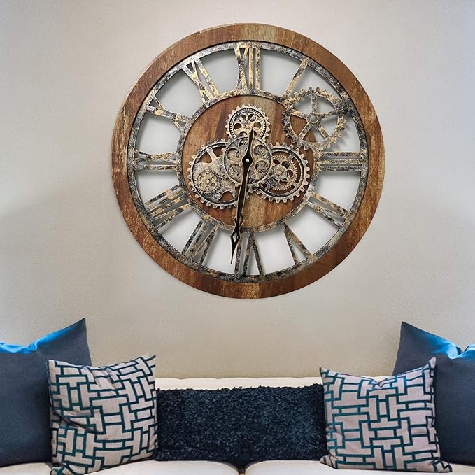 The Gears Clock The Original Real Moving Gear Wall Clock Vintage Industrial Oversized Rustic Farmhouse (24 inch (60cm), Vintage Brown)