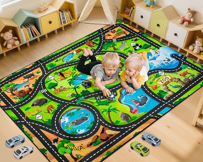 Kids Rug, 4x6 Ft Animal Car Rugs for Kids Toy Cars, Extra Thick (0.4in) - Non-Slip Zoo Road Mat Carpet for Playroom & Bedroom, Educational Learning & Game Area