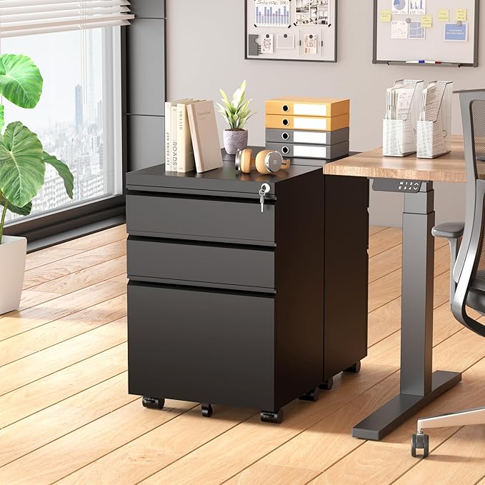 Greenvelly 3 Drawer Mobile File Cabinet with Lock, Fully Assembled Rolling File Cabinet Except Casters, Under Desk File Cabinet with Wheels for Home Office Fit Legal/Letter/A4 File (Assembled, Black)