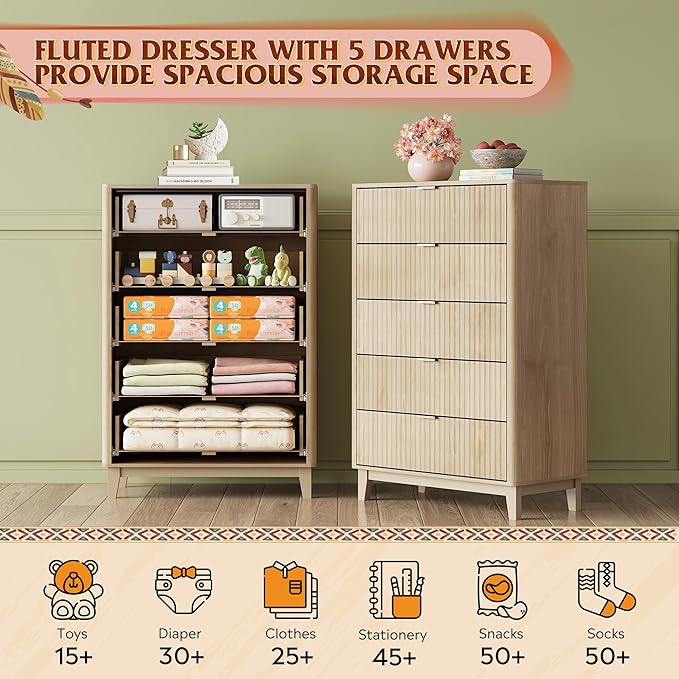 WLIVE Fluted Dresser for Bedroom with 5 Drawers, 46.26" Tall Wood Dresser with Golden Metal Handles, Mid Century Modern Chest of Drawers for Living Room, Hallway, Closet, Natural Oak