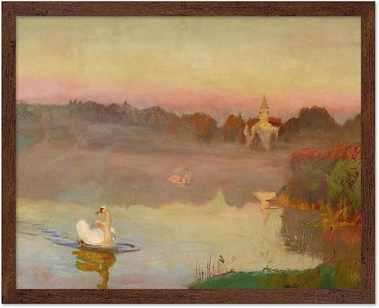 Poster Master Vintage Pond in Radziejowice Poster - Retro Swan Print - Lake Art - Landscape Art - Farmhouse Art - Animal Lover Art - Aesthetic Living Room or Office Decor, 16x20 Brown Framed