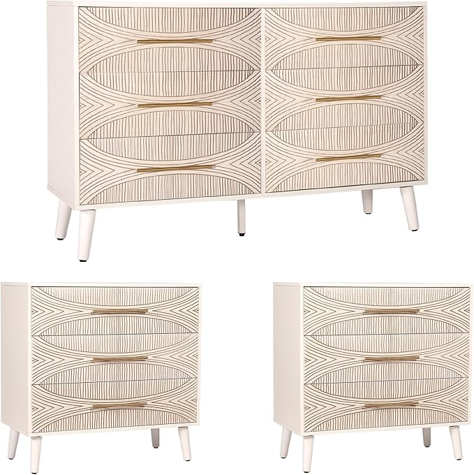 Dresser Set of 3, Wide 6 Drawer Chest & Two 3 Drawer Chest, Modern Bedroom Dresser with Texture Beige Finish for Entryway