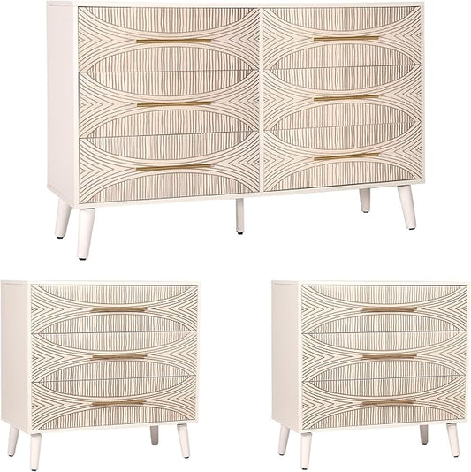 Dresser Set of 3, Wide 6 Drawer Chest & Two 3 Drawer Chest, Modern Bedroom Dresser with Texture Beige Finish for Entryway