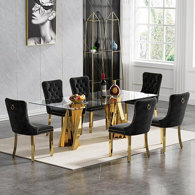 Goujxcy Modern 7 Piece Glass Dining Table Set Luxury Glass Kitchen Table and Chair Set for 6, 70" Large Rectangular Dining Room Table with 6 Tufted Chairs and Stainless Steel Legs (Gold & Black)