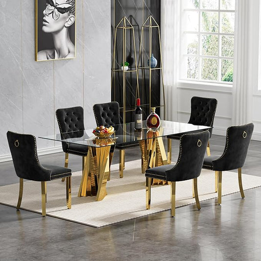 Goujxcy Modern 7 Piece Glass Dining Table Set Luxury Glass Kitchen Table and Chair Set for 6, 70" Large Rectangular Dining Room Table with 6 Tufted Chairs and Stainless Steel Legs (Gold & Black)