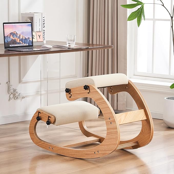 Ergonomic Kneeling Chair,Adjustable Rocking Knee Chair for Home Office,Wooden Office Chair for Back Pain Relief, Beige