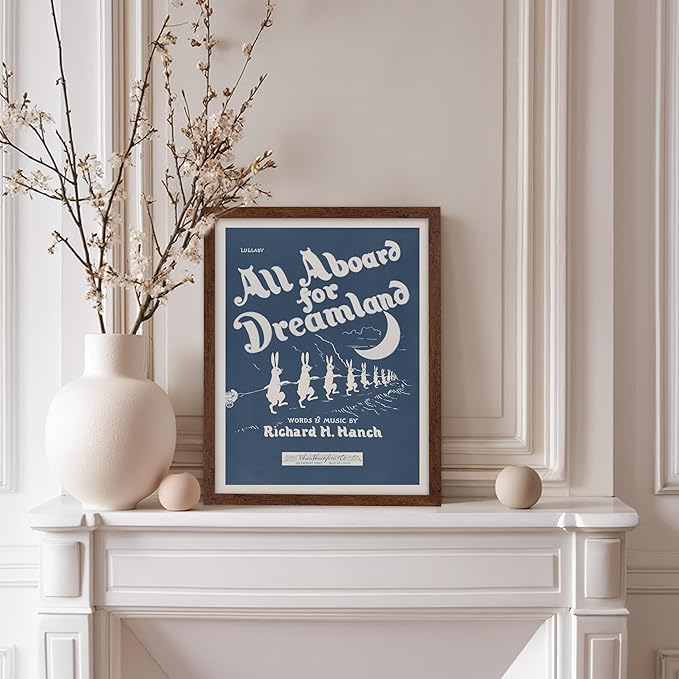 Poster Master All Aboard For Dreamland Poster - Retro Children's Lullaby Print - Story Book Art - Bunny Art - Rabbit Art - Aesthetic Art - Kid's Bedroom or Nursery Wall Decor, 11x14 Brown Framed