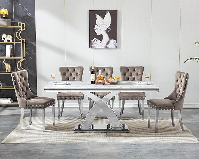 Modern White Marble Dining Table Set for 6,7-Piece Kitchen Table and Chairs for 6,Luxury Silver Dining Room Table Set w/68" Rectangle Dinner Table & 6 Grey Velvet Chairs for Kitchen Dining Room