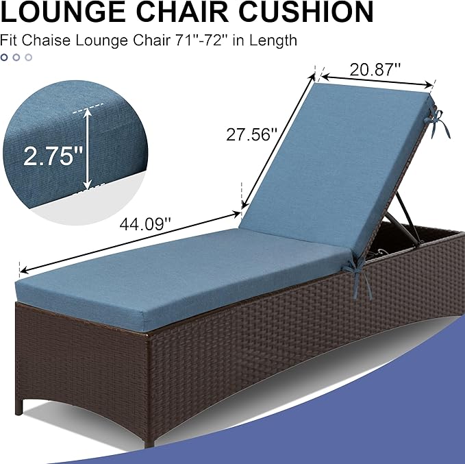 Crestlive Products Sunbrella Chaise Lounge Cushion, Outdoor Chair Cushion for Patio Furniture, Waterproof Lounge Cushions for Pool, Deck, Lawn, 72''L x 21''W, Denim Blue