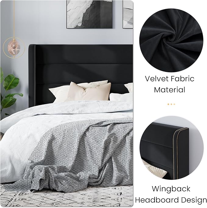 SHA CERLIN King Size Velvet Bed Frame/Vertical Channel Tufted Wingback Headboard/Upholstered Platform Bed with Wooden Slats/Mattress Foundation/No Box Spring Needed/Easy Assembly/Black