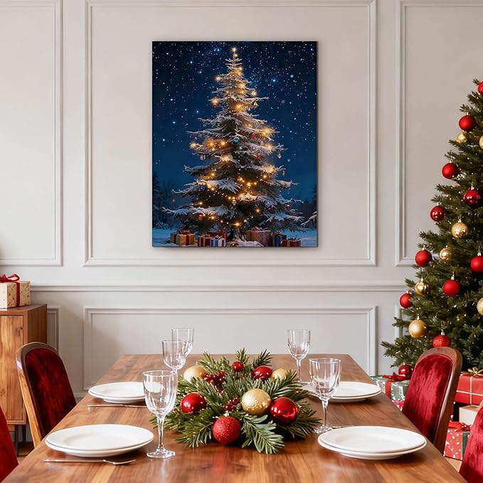 Framed Christmas Pictures Wall Decor,Vintage Pine Tree Prints,Winter Christmas Canvas Wall Art Decoration for Bedroom Bathroom Living Room Rustic Xmas Holiday Gifts (Christmas Tree 13, 24'' X 36'')