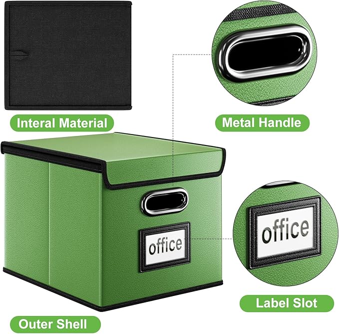 Huolewa Portable Leather File Organizer Boxes with Lids, Office Document Boxes Organizer, Filing Boxes, Decorative Small File Boxes for Hanging Files, File Cabinet for Office/Home - 4 Pack