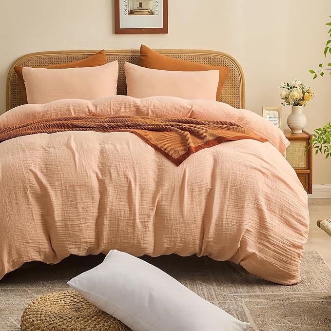 MEISHANG Muslin Duvet Cover King Size - 100% Organic Cotton, Soft Textured Gauze Weave Comforter Cover for Breathable All-Season with Zipper Closure - 3 Piece Set (King, Cameo Rose)