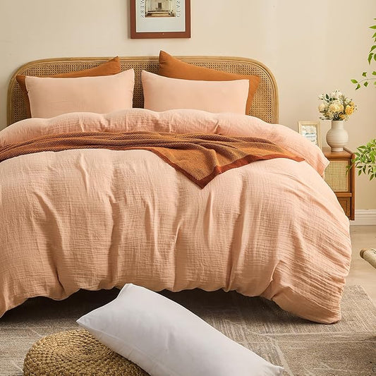 MEISHANG Muslin Duvet Cover King Size - 100% Organic Cotton, Soft Textured Gauze Weave Comforter Cover for Breathable All-Season with Zipper Closure - 3 Piece Set (King, Cameo Rose)