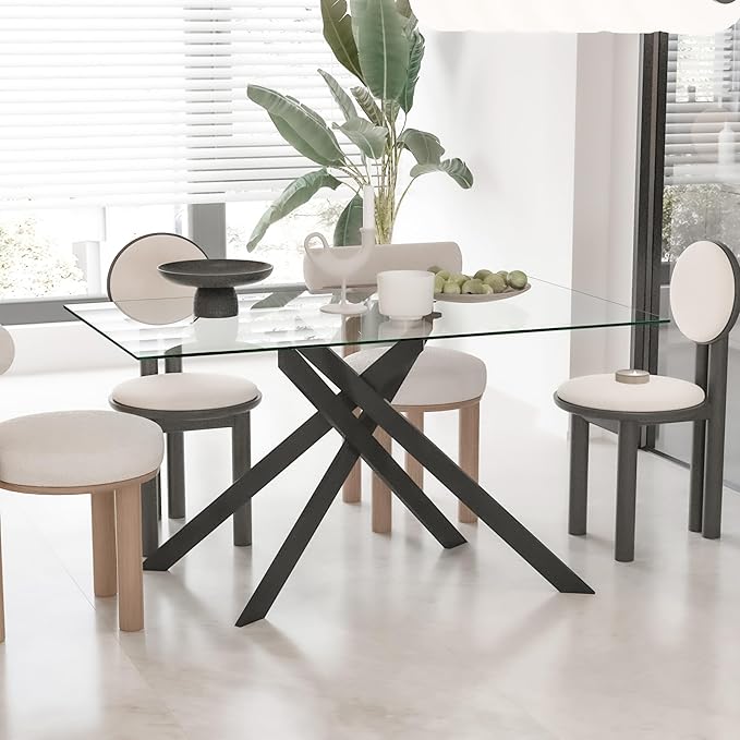 51" Rectangular Glass Dining Table Modern Kitchen Glass Top Table for 4 with Black Metal Legs, Clear Dining Table Kitchen Table for Home Office Dining Room
