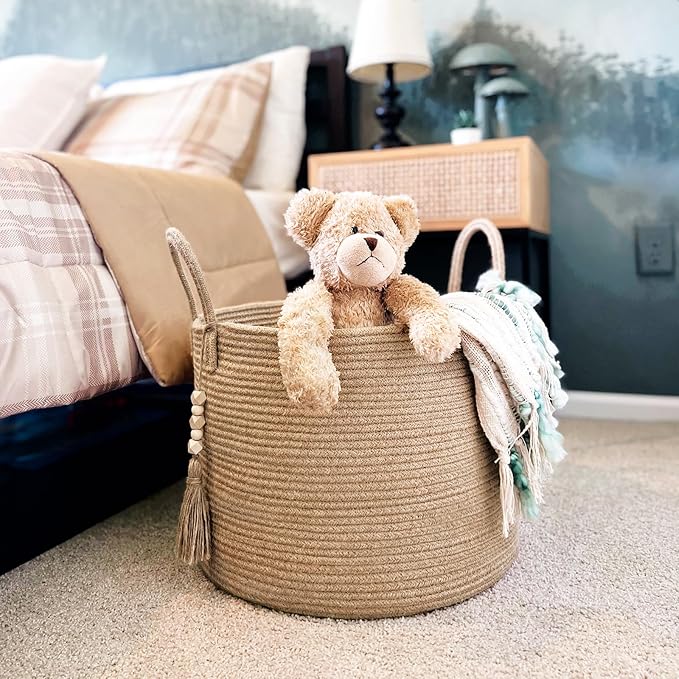 Goodpick Large Wicker Laundry Basket Jute Woven Basket for Clothes, Shoes, Towels, Decorative Storage Basket in Living Room, Bathroom, Entryway, Round Toy Basket 17.7 x 12.6 Inches, Jute