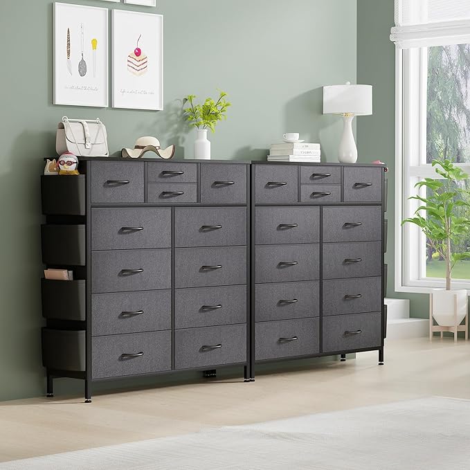 Lulive Dresser for Bedroom with 12 Drawers, Tall Dresser Chest of Drawers with Side Pockets and Hooks, Fabric Dresser Storage Tower for Closet, Hallway, Living Room (Dark Grey)