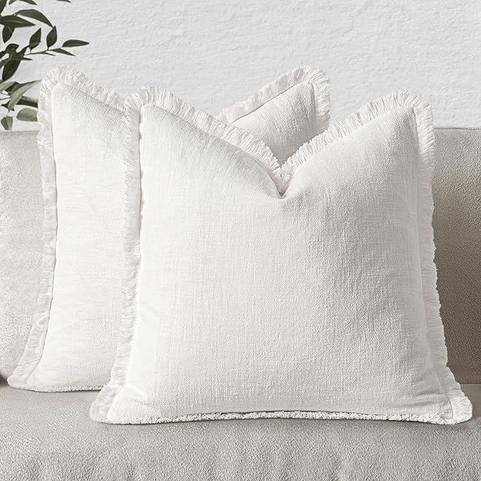 MIULEE Decorative Throw Pillow Covers Neutral Linen Fringe Throw Pillows Set of 2 White Boho Farmhouse Cushion Covers with Tassels for Couch Sofa Bed Living Room Spring Home Decor 20x20 Inch