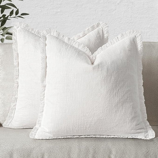 MIULEE Decorative Throw Pillow Covers Neutral Linen Fringe Throw Pillows Set of 2 White Boho Farmhouse Cushion Covers with Tassels for Couch Sofa Bed Living Room Spring Home Decor 20x20 Inch