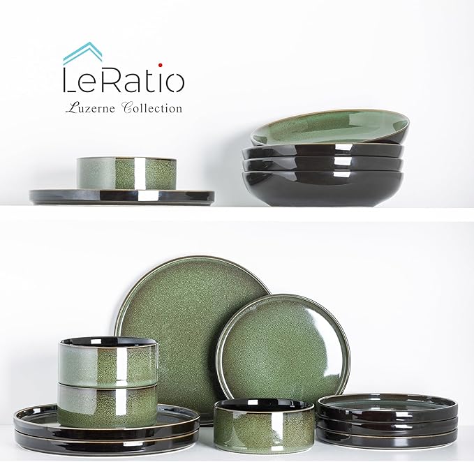 LERATIO Ceramic Dinnerware Sets for 4,Round Reactive Glaze Ceramic Plates and Bowls Set,Highly Chip and Crack Resistant | Dishwasher & Microwave Safe Dishes Set,Service for 4 (12pc)-Green