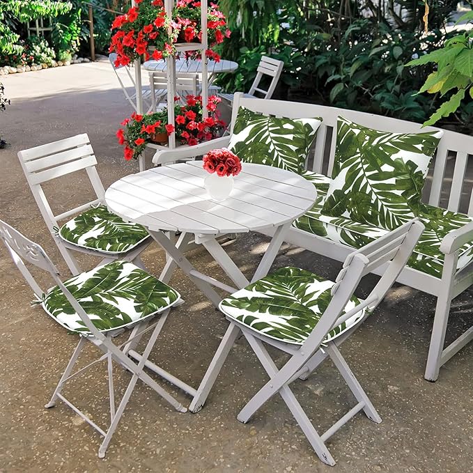 Set of 4 Outdoor Chair Cushions with Ties,Water Repellent Patio Chair Pads 17"x 16" for Outdoor Furniture,Round Corner Seat Cushions for Garden Yard Kitchen Palm Green