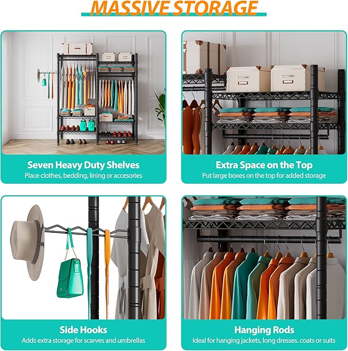 PUNION Clothing Rack 7 Tiers Heavy Duty Clothes Rack with 2 Hanging Rods, Wire Garment Racks for Hanging Clothes, Large Portable Metal Wardrobe Clothes, 48"L X 16"W X 77"H, Max Load 620lbs Black, GR7E