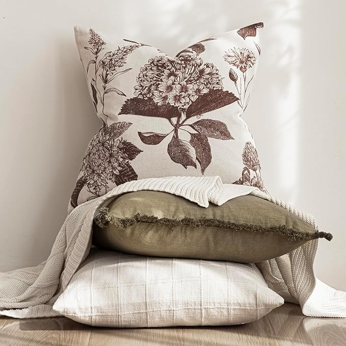 Foindtower Set of 2 Linen Floral Throw Pillow Covers Neutral Vintage Print Decorative Cushion Covers Farmhouse Boho Home Decor for Sofa Chair Couch Bedroom Living Room Outdoor,20×20 Inch,Dark Brown