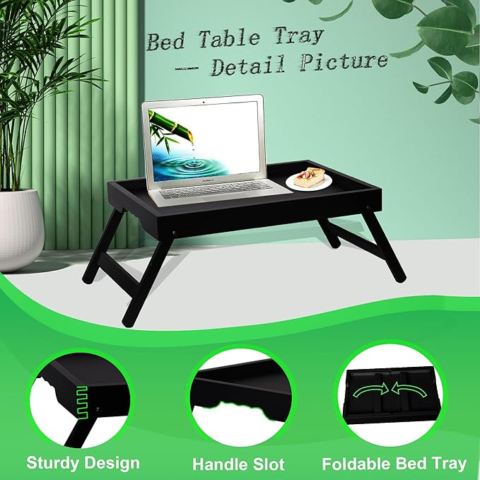 Bed Tray Table for Eating with Folding Legs, Bamboo Breakfast Table in Bed for Eating on Couch, Bed, Laptop Computer Tray(Black, Medium)