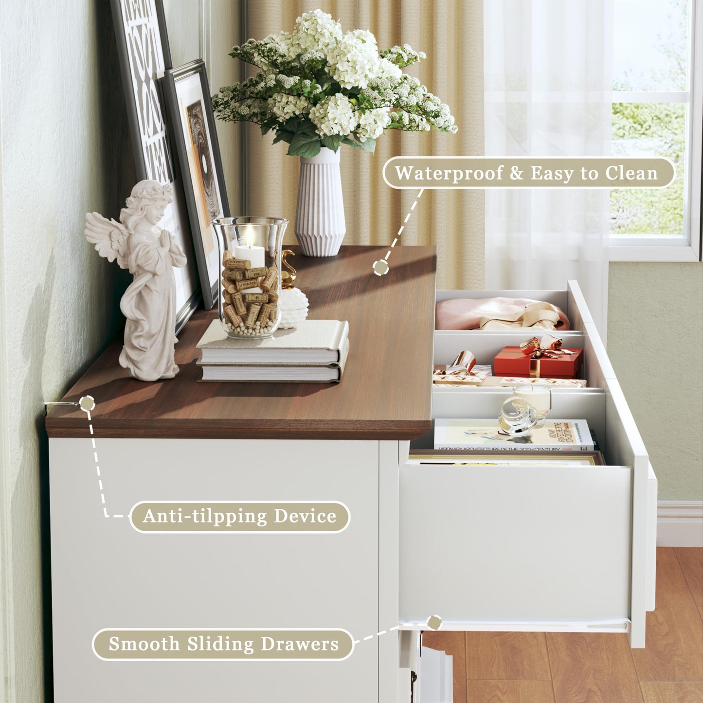 HUAHUU Farmhouse 9 Drawer Dresser for Bedroom, 60" Wide Wood Dresser with Roman Column, Chest of Drawers with Antique Bronze Circle Handles, Storage Organizer for Living Room, Hallway, Entryway, White