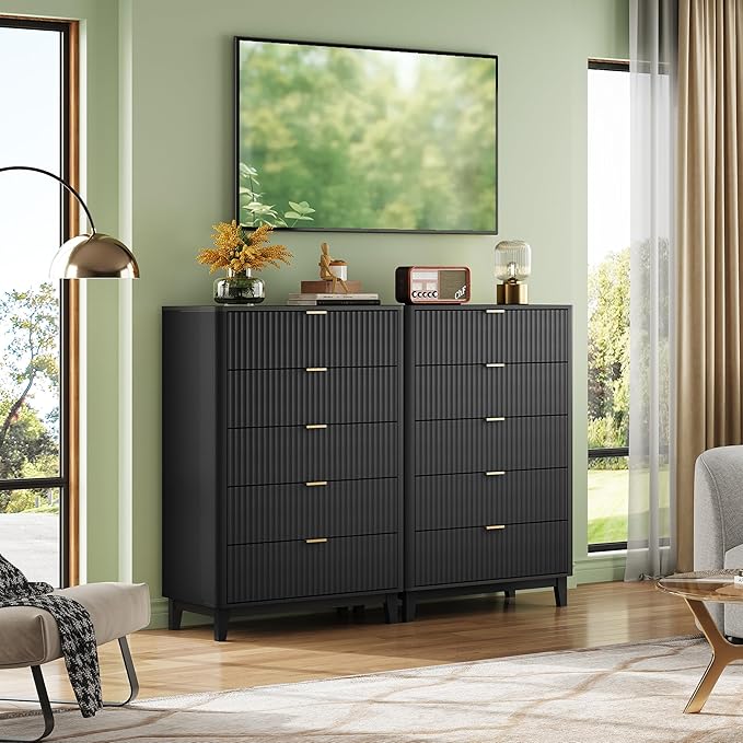 WLIVE Fluted Dresser for Bedroom with 5 Drawers, 46.26" Tall Wood Dresser with Golden Metal Handles, Mid Century Modern Chest of Drawers for Living Room, Hallway, Closet, Solid Black