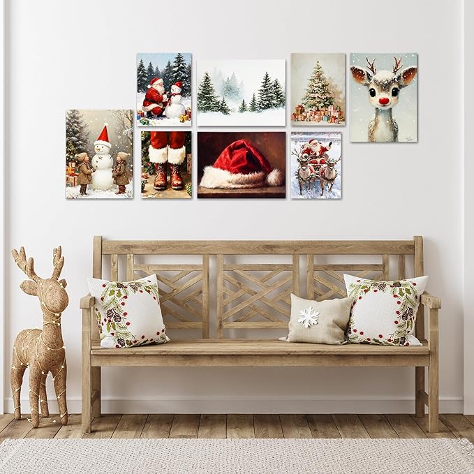 Vintage Snowman with Children Christmas Canvas Wall Art - Rustic Winter Scene Framed Prints for Livingroom & Bedroom, Cozy Farmhouse Christmas Wall Art, Unique Christmas Gifts & Festive Decorations