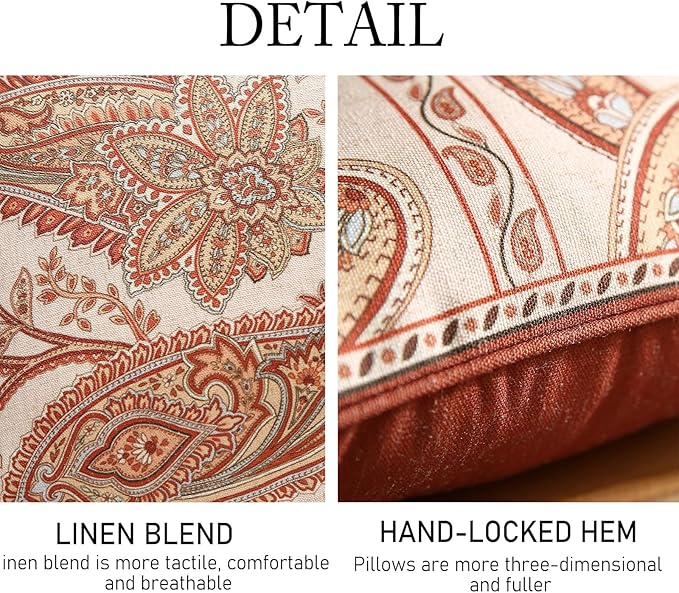 Design Linen Classic Vintage Throw Pillow Covers 12"x20" Pack of 2, Rectangle Cushion Covers with Orange Yellow Paisley Style Pattern Decor Pillowcases for Bed,Living Room,Outdoor,Car