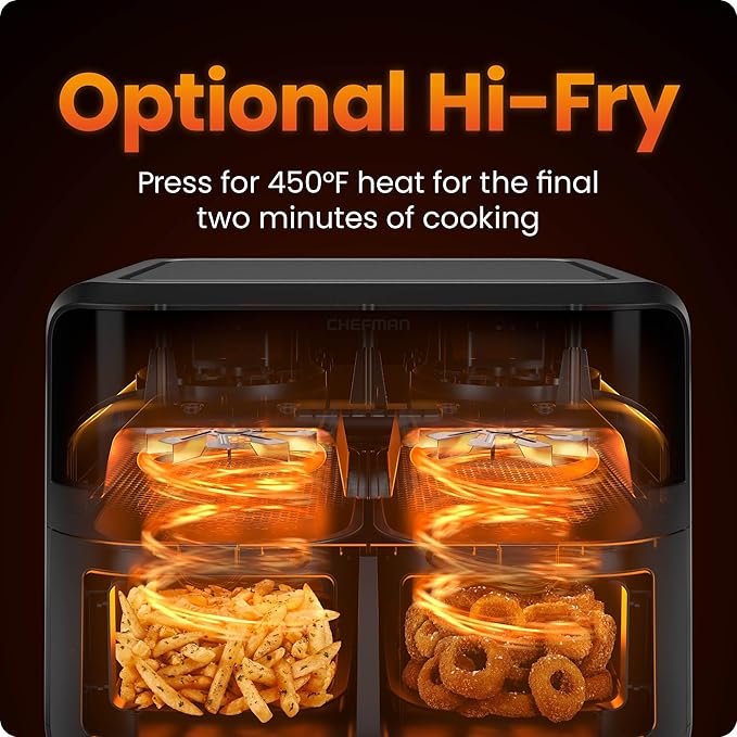 CHEFMAN 6 Quart Dual Basket Air Fryer Oven with Easy View Windows, Sync Finish, Hi-Fry, Auto Shutoff, 2 Independent 3Qt Nonstick Dishwasher Safe Frying Baskets, Digital Double Air Fryer - Black