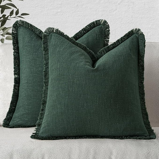MIULEE Decorative Throw Pillow Covers Neutral Linen Fringe Throw Pillows Euro Shams Set of 2 Army Green Boho Farmhouse Cushion Covers for Couch Sofa Bed Living Room Spring Home Decor 22x22 Inch