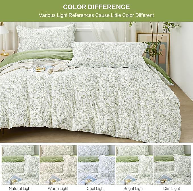 SAPHREAS Green Drawing Floral Duvet Cover Set Full Size 3pcs Botanical Blossom Bedding Comforter Cover Set 100% Cotton 1 Duvet Cover 90"x80" 2 Pillow Shams, Comforter Not Included