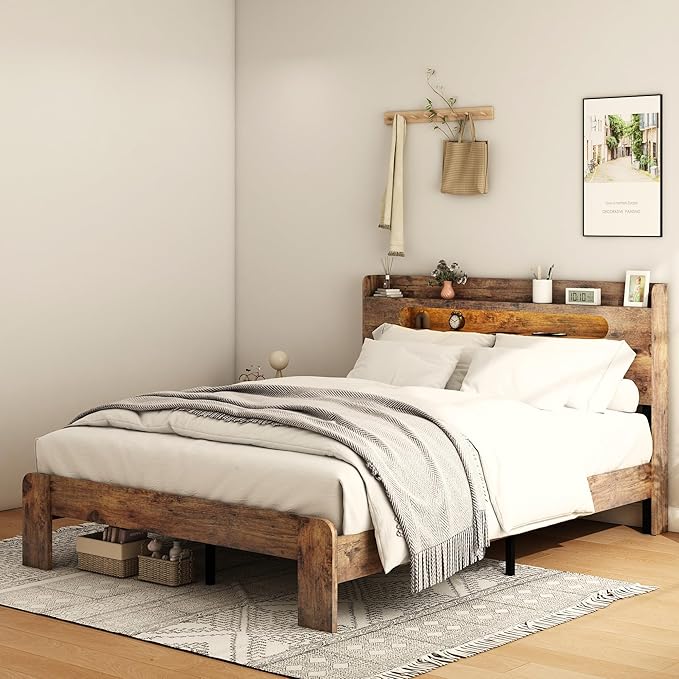 Wooden King Size Bed Frame with Storage Headboard, Farmhouse Platform Bedframe with Charging Station & Led Lights, Sturdy Wood Slat Framework, Easy Assembly (Rustic Brown Led)