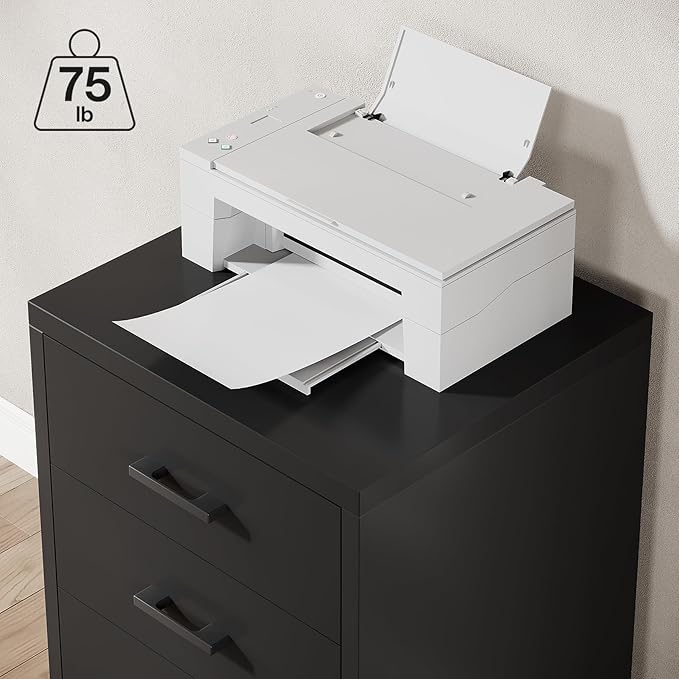 Triebsigns 3 Drawer File Cabinet, Wooden Office Filing Cabinet, Modern Rolling Printer Stand for Home Office, fits A4 or Letter Size, Under Desk, Black