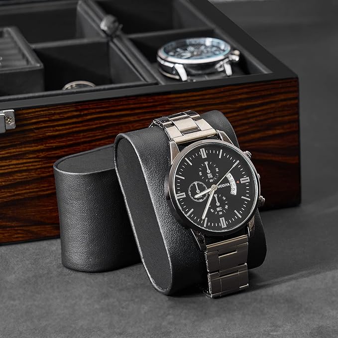 BEWISHOME Jewelry Box for Men, Mens Jewelry Box with Glass Top, Wooden Watch Box Organizer with Smooth Faux Leather Interior, Jewelry Display Case for Earrings Rings Bracelets Watches, Brown SSH07Y