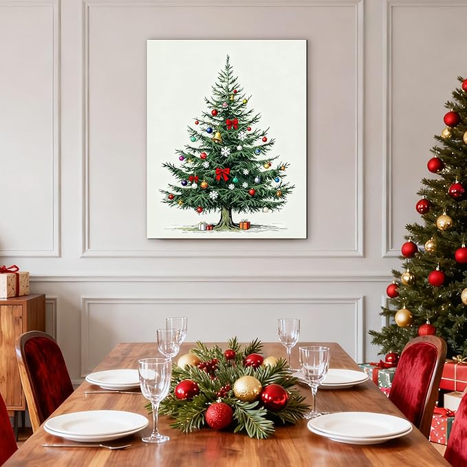 Framed Christmas Pictures Wall Decor,Vintage Pine Tree Prints,Winter Christmas Canvas Wall Art Decoration for Bedroom Bathroom Living Room Rustic Xmas Holiday Gifts (Christmas Tree 8, 16'' X 20'')